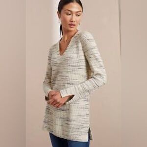 Pure Jill V-Neck Sweater Tunic Textured
Rib Knit Marled Gray Cream Cotton size S
